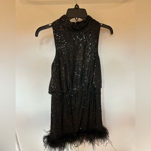 Eliza J Mock Neck Feather Hem Blouson Waist Sequin Sleeveless Dress Size 8 NWT